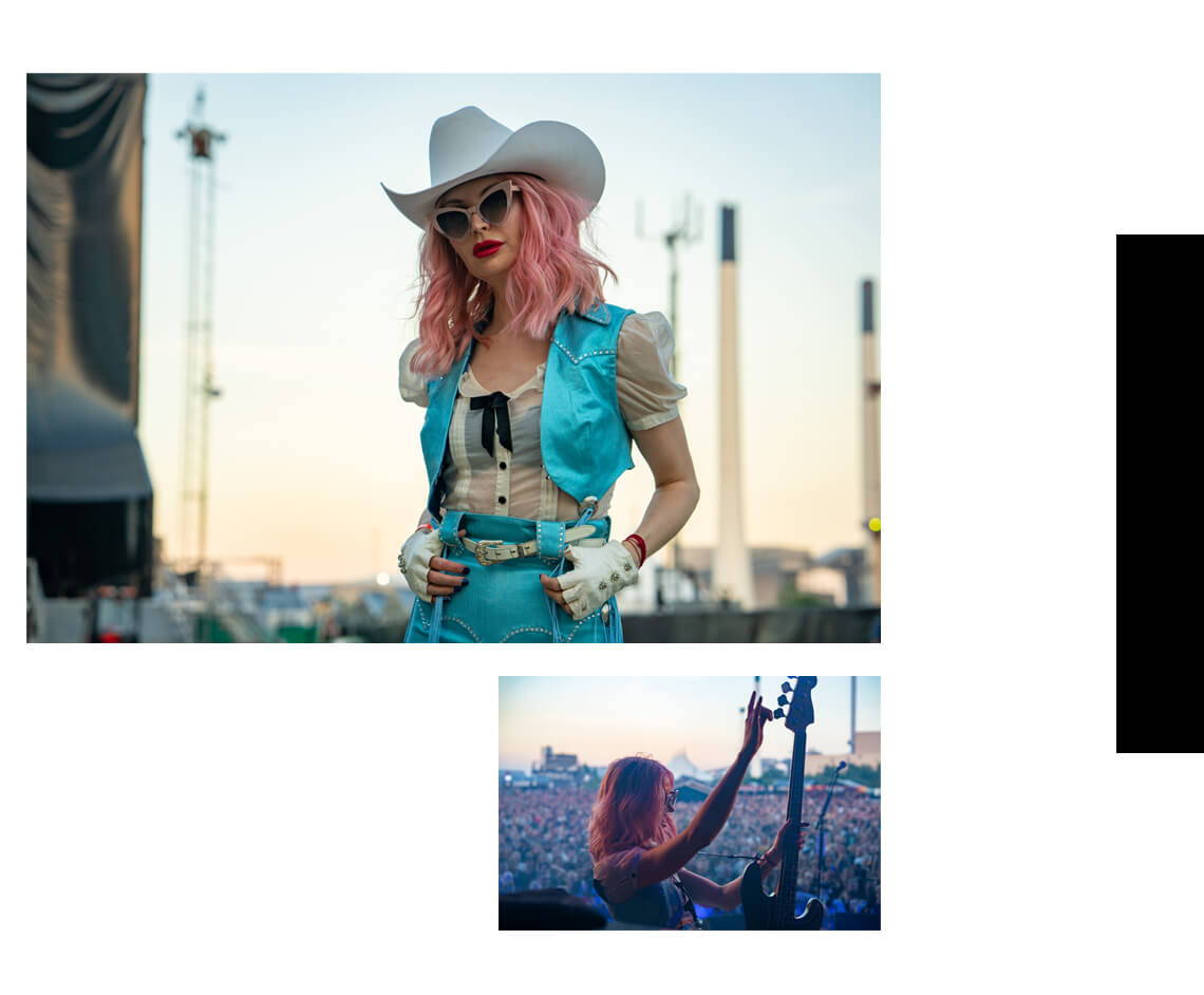 Jennie Vee on stage performing wearing her Jennie Vee collaboration sunglasses by Valley Eyewear